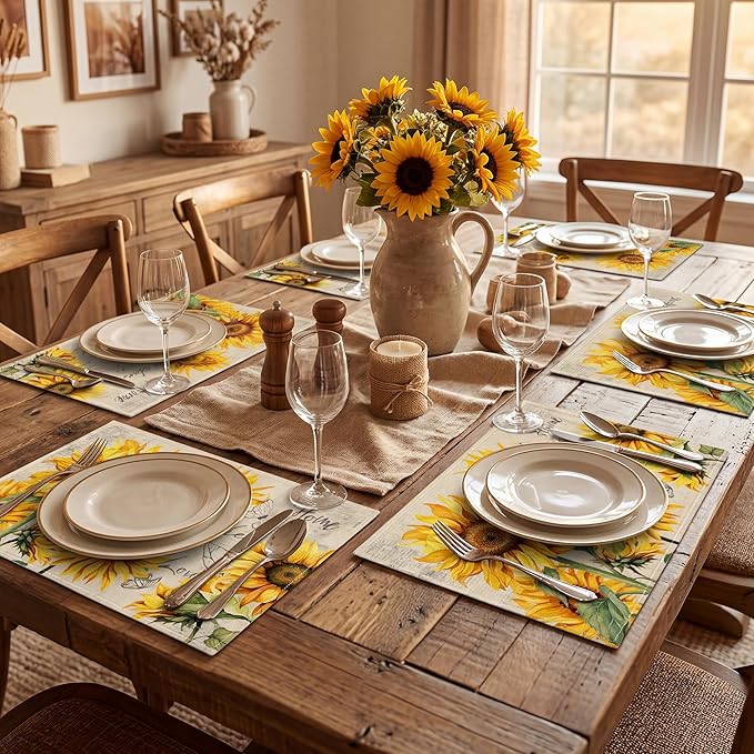 Sunflower Placemats Set of 6, Spring Summer Sunshine Table Mats 12x18 Inch, Farmhouse Washable Table Decor for Kitchen Dining Indoor Outdoor Party Holiday