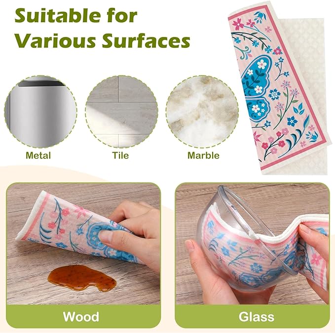 6 Packs Swedish Paper Cloths for Kitchen, Reusable Paper Towels Washable Dish Rags, Highly Absorbent Kitchen Towels Quick Drying Swedish Sponge Cleaning Dish Cloths (Insects Floral)