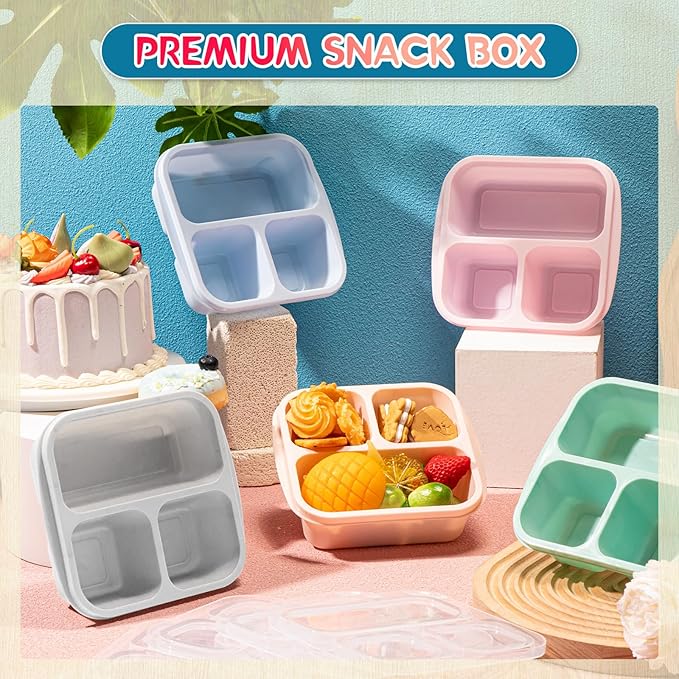 Honeydak 5 Pack Snack Containers 3 Compartment Bento Snack Boxes Divided Meal Prep Containers with Lids Reusable Adults Lunch Food Storage Box for School Work Travel(Macaroon)