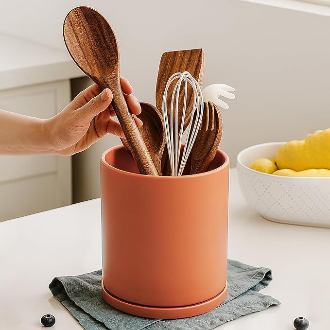 D'vine Dev 360° Rotating Utensil Holder Set – 7.2"+5" Kitchen Utensil Crocks for Countertop, Modern Cooking Tool Organizers for Kitchen Storage +Décor, Pumpkin, Set of 2, 72-Z-E-1