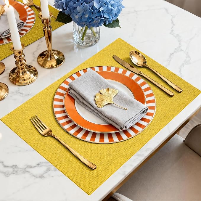 Placemats Set of 6 Linen Type Fabric Cloth Placemats, 18x12 Inch Double Layered Thick Wrinkle Free Heat Resistant Table Place, for Dining, Kitchen, Party (45 * 30cm, Yellow)