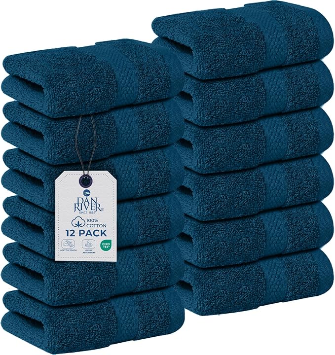 DAN RIVER 12-Pack Premium 100% Cotton Blue Opal Face Towels for Bathroom - Reusable Face Wash Cloths for Showering 12x12 Inches - 550 GSM Super Soft & Absorbent Luxury WashCloths for Body, Spa & Gym