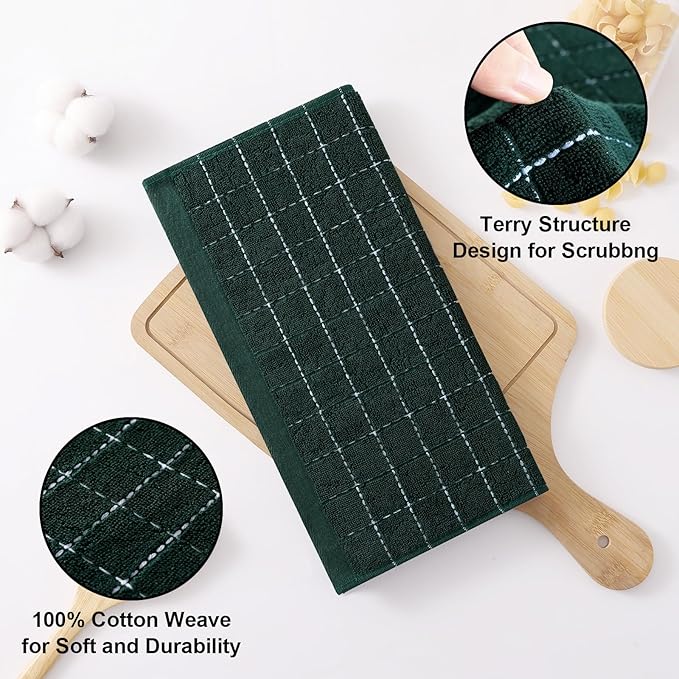 Homaxy 100% Cotton Terry Kitchen Dish Cloths, Ultra Soft and Absorbent Dish Towels for Kitchen, Suitable for Drying and Washing Dishes, 6 Pack, 12 x 12 Inches, Blackish Green