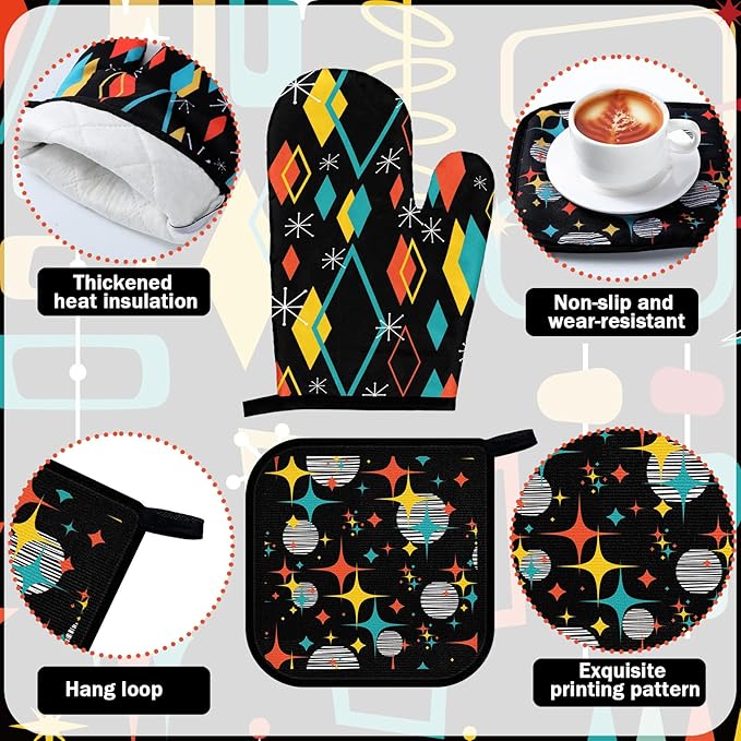 Fourluoo 12 Pcs Retro Kitchen Decor Mid Century Oven Mitts and Pot Holders Set Mid Century Kitchen Dish Towels Vintage Abstract Geometric Potholders Rugs Mats for Black White Baking Cooking BBQ Gift