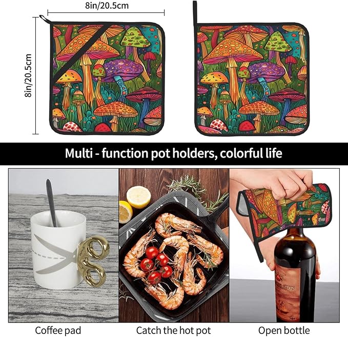 2Pcs Mushroom Prints Pot Holders for Kitchen Clearance Heat Resistant Hot Pads for Cooking Baking Grilling