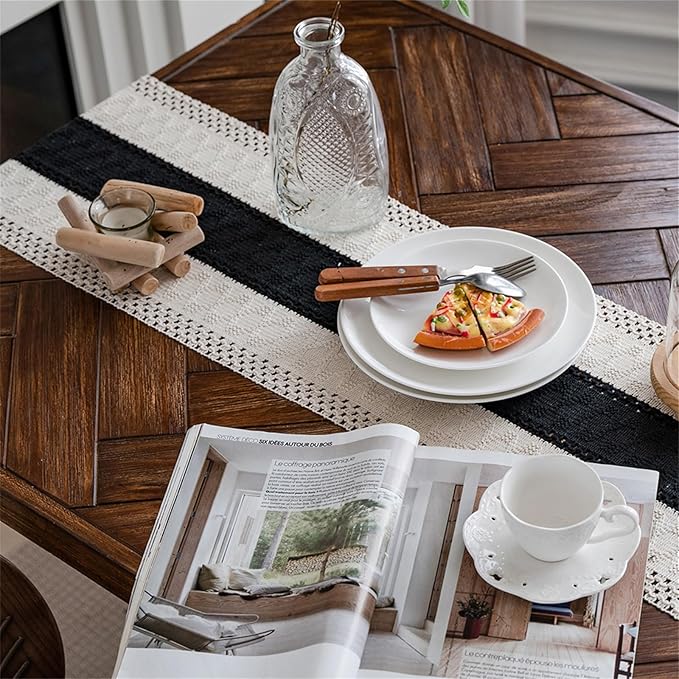 Alynsehom Macrame Table Runner Cream Beige and Black Boho Table Runners with Tassels Hand Woven Cotton Table Runner Rustic Farmhouse Table Runners for Bohemian Kitchen Dining Table(12x36in)