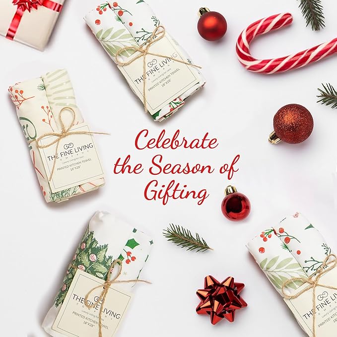The Fine Living Co. 100% Cotton Kitchen Towels Set of 2, 18 x 28 inches, Christmas Tree Printed Dish Towels, Hand Towels, Boho Tea Towels - Multifunctional, Stylish, Absorbent, Quick Dry, Soft