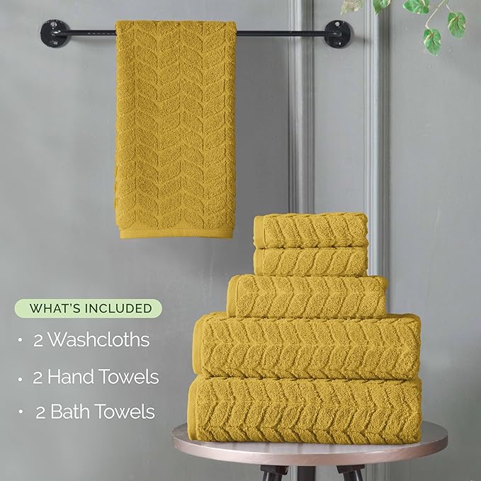 Elegant Comfort Luxury 6-Piece 100% Turkish Cotton Jacquard Braided Textured Premium Hotel Quality Towel Set– Soft and Absorbent, Includes 2 Bath Towels, 2 Hand Towels and 2 Washcloths, Amber Gold