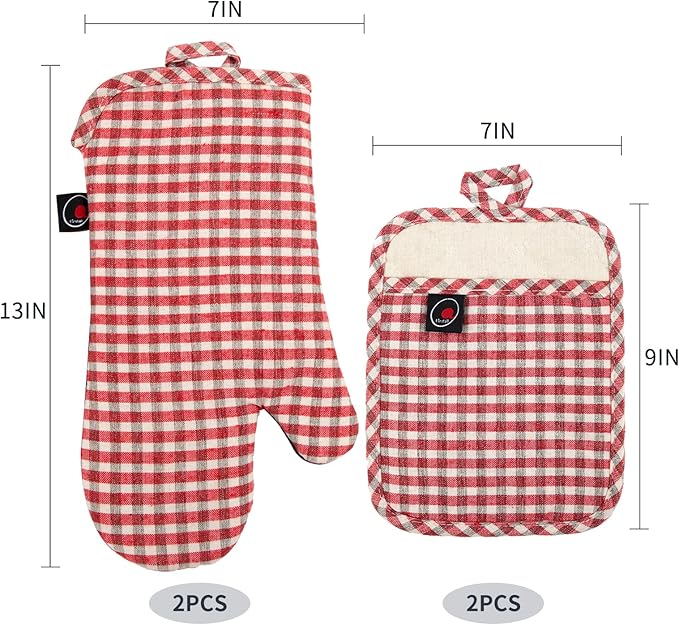 Oven Mitts and PotHolders Sets, 4 Pcs Kitchen Oven Glove High Heat Resistant 400°F Pot Holders for Kitchen, Non-Slip Neoprene Oven Mitts are Suitable for Cooking, Baking (Red Grid)