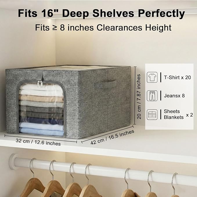 GoMaihe Clothes Storage Bins Metal Frame: 3-Pack Compact Stackable Closet Storage Bin with Lid & Clear Window, Space Saving Organizer for Sweaters Kids Clothes (Dorm/Closet 27L)