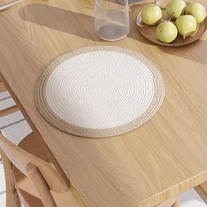 Encasa XO Dining Placemats Set of 6 | Cotton Round Table Mat - 13 in Diameter | Off White & Beige | Handmade Rib Style Chargers for Dinner Plates
