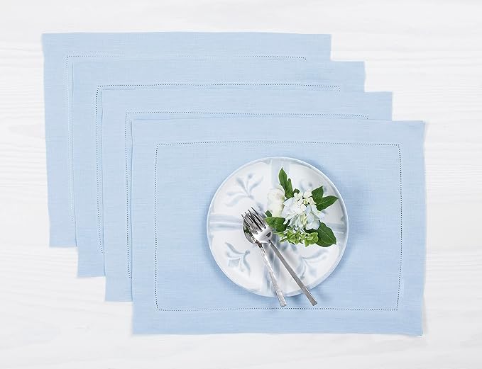 Solino Home Linen Placemats Set of 4 - Classic Hemstitch Sky Blue Placemats 14 x 19 Inch - 100% Pure Linen Table Mats for Spring, Summer, Mothers Day