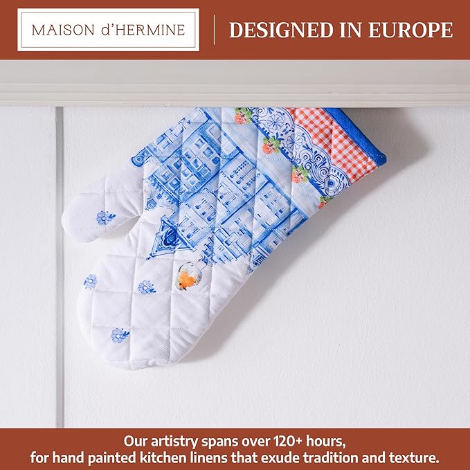 Maison d'Hermine Oven Gloves 100% Cotton Oven Mitt 7" x 13" with Loop Heat Resistant BBQ Cooking Gloves Baking Grilling Gifts for Mothers Day Spring/Summer (Pack of 1, Amsterdam Canals)