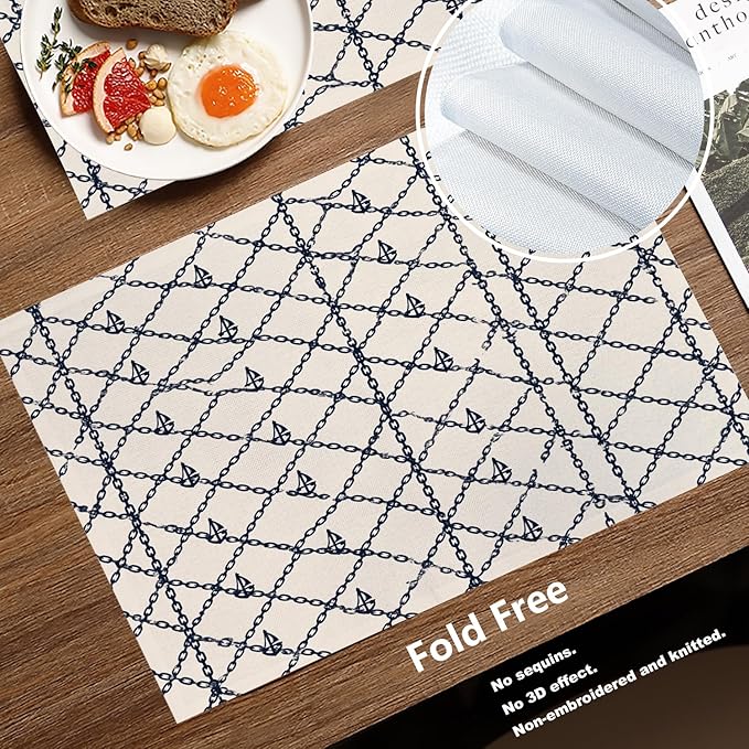 Batmerry Maritime Anchors Placemats, Chain Link Nautical Elements Washable Linen Table Mats for Kitchen Table Double Insulation Decor Dining Set Indoor Outdoor 12X18 in Set of 4