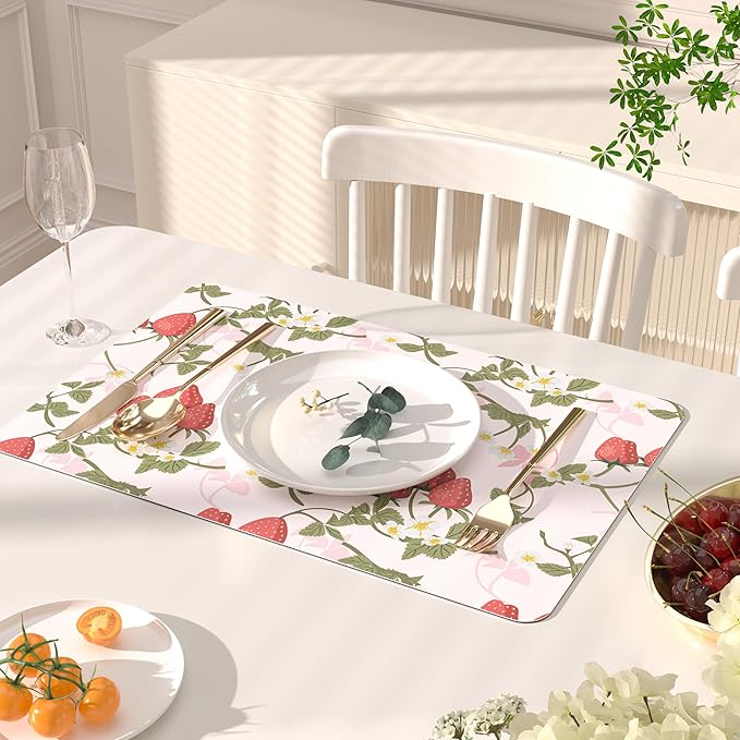 QiyI Placemats Set of 6, 12x18 Inch Faux Leather Place Mats for Kitchen Dinning, Heat Resistant Anti Slip Pink Table Mats, Waterproof Wipeable Washable Placemat Party Table Décor, Sweet Strawberry