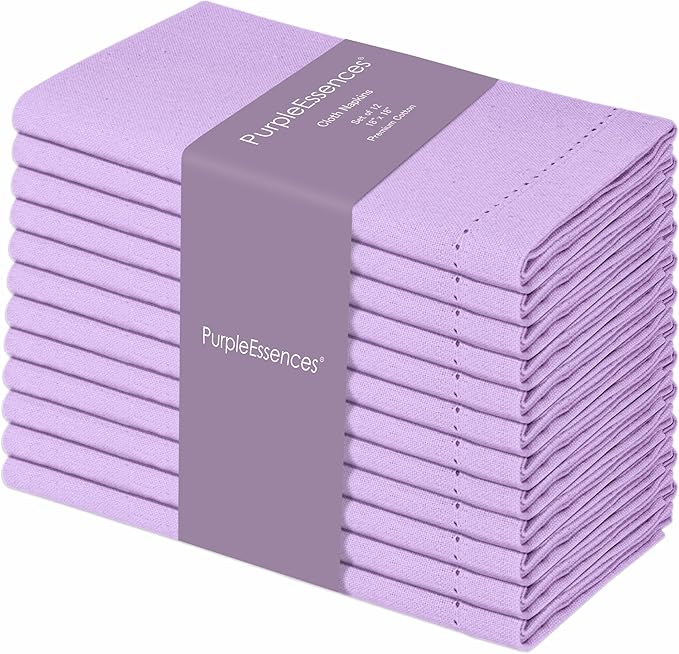 PurpleEssences Set of 12 Hemstitch Cloth Dinner Napkins 100% Cotton - Soft Durable Washable - Ideal for Wedding Spring Easter Summer - Perfect Everyday Use Table Linen 18x18 - Lavender
