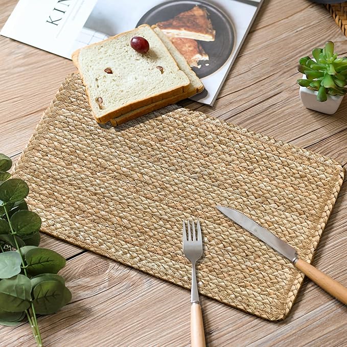 Woven Placemats Set of 6 Rattan Placemats Rectangle Natural Placemats Wicker Heavy Braided Straw Placemat Farmhouse Square Plates Place mats for Indoor/Outdoor Patio Table 17.7'' X 11.8''