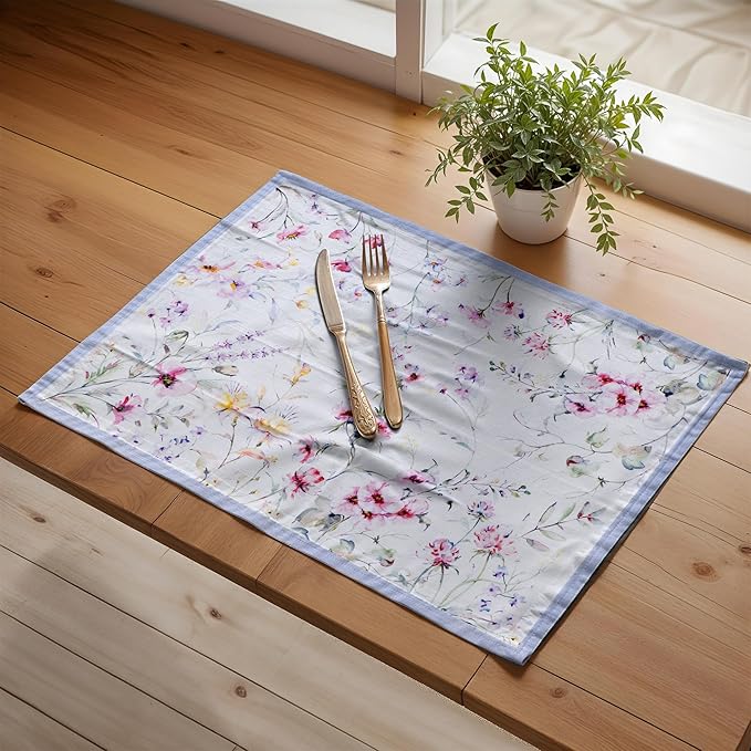 Maison d' Hermine Placemats Set of 4 100% Cotton Washable Cloth Place Mats Reusable Table Mats for Kitchen Dining Party Wedding Gifts for Mothers Day Spring/Summer (Summer Floral, 13" x 19")