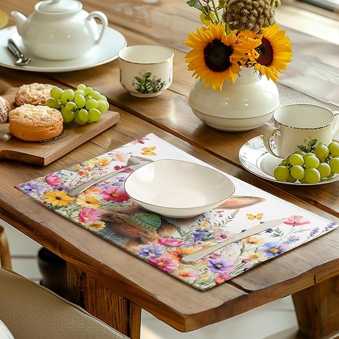 Easter Rabbit Placemats Set of 4 Spring Bunny Colorful Egg Wildflower Place Mat 12x18 Inch Seasonal Farmhouse Linen Fabric Table Mats for Kitchen Dining Outdoor Indoor Easter Party