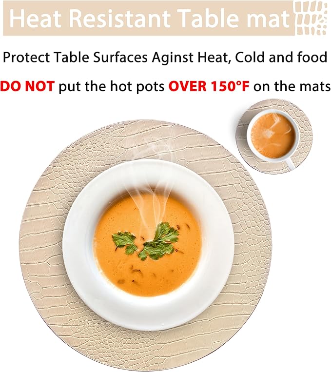 Jovono Round Leather Placemats for Round Tables Set of 8, Beige Place Mats and Coasters, Wipeable Waterproof Heat Resistant Table Mats Easy to Care for Indoor Decor 14 inch Diameter