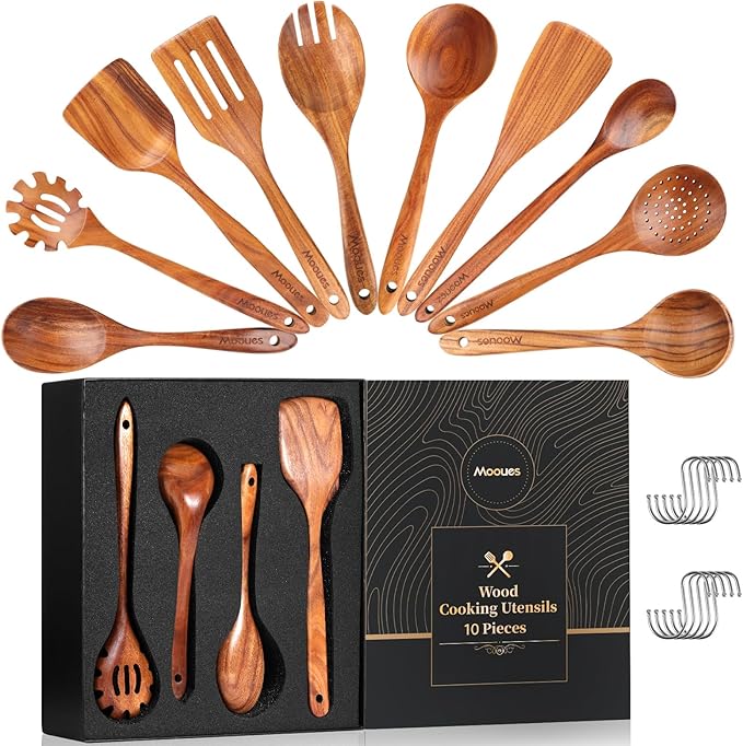Wooden Spoons for Cooking, 10 PCS Teak Wood Cookware Utensil Set with Hooks - Smooth Finish, Non-Stick, Comfortable Grip, Heat Resistant Kitchen Utensils Gift Box