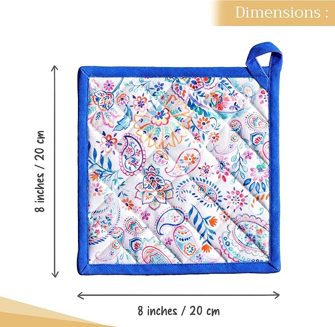 Maison d' Hermine Pot Holders 100% Cotton Heat Resistant Potholders 8" x 8" Hot Pads with Loop BBQ Cooking Baking Gifts for Mothers Day Handling Hot Pans Spring/Summer (Pack of 1, Indian Floral)