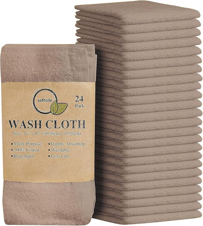 Softolle 100% Cotton Washcloths 24 Pack (12x12 Inches) Soft, Highly Absorbent Washcloth, Face Towels, Wash Cloths for Face, Ring Spun, Bulk Pack (Taupe)