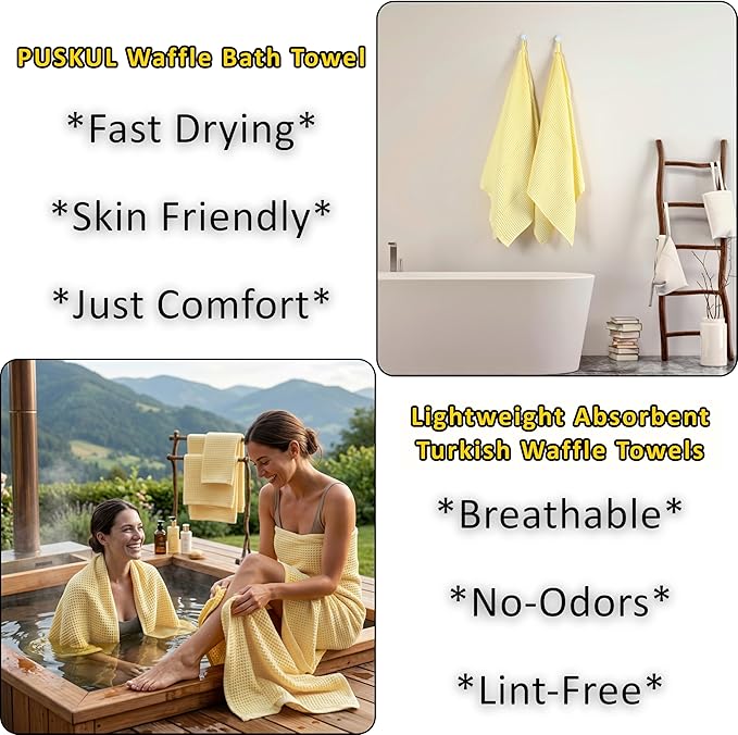 PÜSKÜL Natural 100% Turkish Cotton Waffle Bath Towels Set of 2-Piece | 32x63 Extra Large Absorbent Quick-Dry Lightweight Spa Towel | Decorative Guest Bathroom Towel (Yellow Bath Towels - Pack of 2)