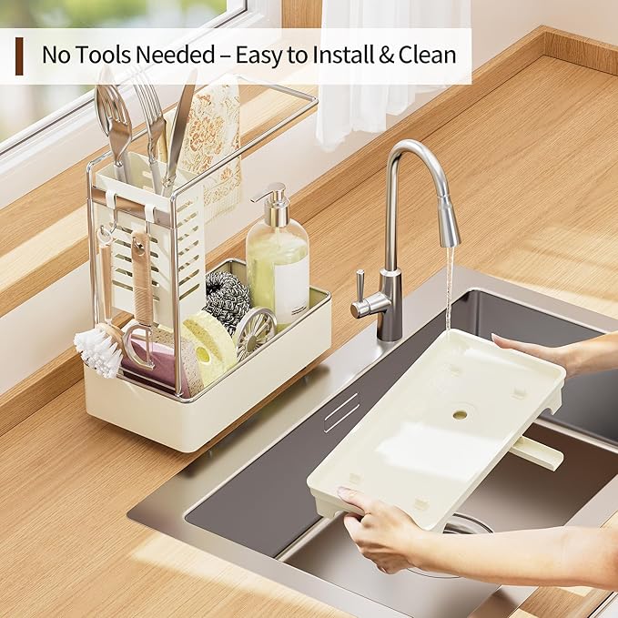 MOUKABAL Sponge Holder for Kitchen Sink, 2-Tier Sink Caddy Organizer with Drain Holes and Hooks, Holds Dishcloth, Sponge & Brushes, Kitchen Countertop Storage for New Home Essentials Off-white