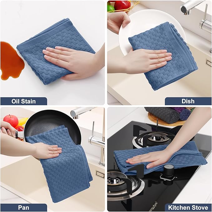 Homaxy 100% Cotton Terry Kitchen Towels(15" x 25", 8 Pack), Soft and Super Absorbent Dish Towels, 380 GSM Reusable Tea Towel with Hanging Loop, Pineapple Grid Designed, Navy Blue
