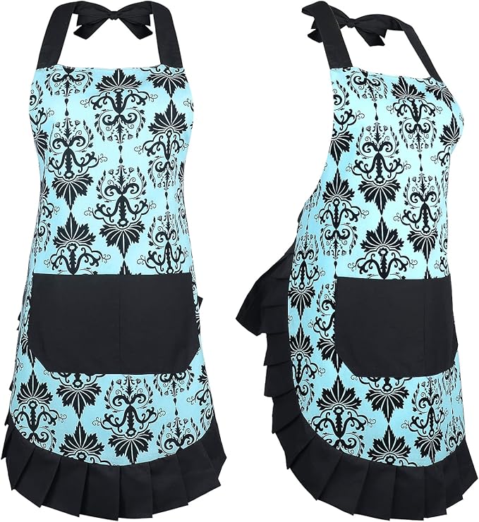 G2PLUS Cotton Vintage Damask Apron for Women, Adjustable Neck & Big Pocket, Blue & Black Cute Ruffle Kitchen & Baking Apron for Christmas Holiday Gift