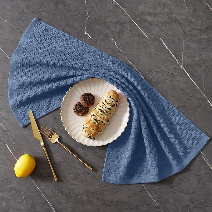 Homaxy 100% Cotton Terry Kitchen Towels(15" x 25", 8 Pack), Soft and Super Absorbent Dish Towels, 380 GSM Reusable Tea Towel with Hanging Loop, Pineapple Grid Designed, Navy Blue