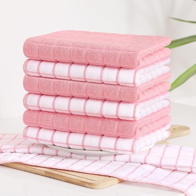 Homaxy Premium Cotton Kitchen Towels 16"x 28", Large Natural Ring Spun 390 GSM Dish Towels, Super Absorbent Terry Kitchen Hand Towels, Soft Tea Towels with Hanging Loop, Pink Check Design, 6 Pack