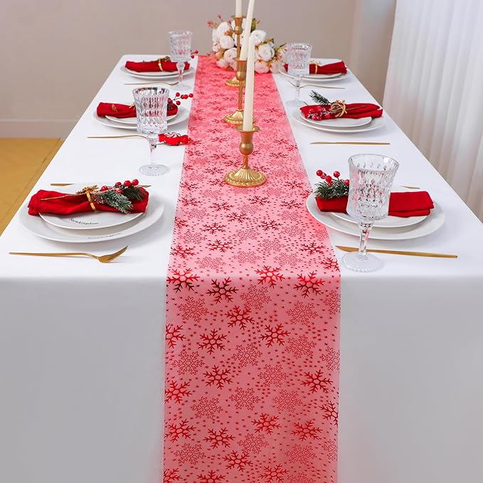 Snowkingdom 2 Pcs Christmas Red Snowflake Table Runner 108 Inch Sparkly Red Foil Glitter Metallic Mesh Runners Dining Kitchen Table Decorations for Seasonal Winter Xmas Festival Holiday Home Party