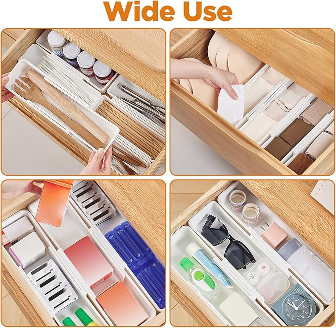 4 PCS Expandable Drawer Organizer, Adjustable Drawer Organizer Trays, Drawers Dividers Organizers and Storage For Office Supplies, Pens, Makeup,Utensils, Tools, Flatware and Junks, White
