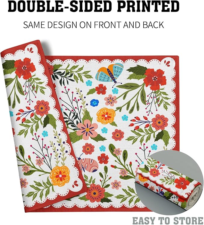 Linen Floral Red Placemat Set of 4 Cloth Rustic Seasonal for Kitchen Dining Table Decor