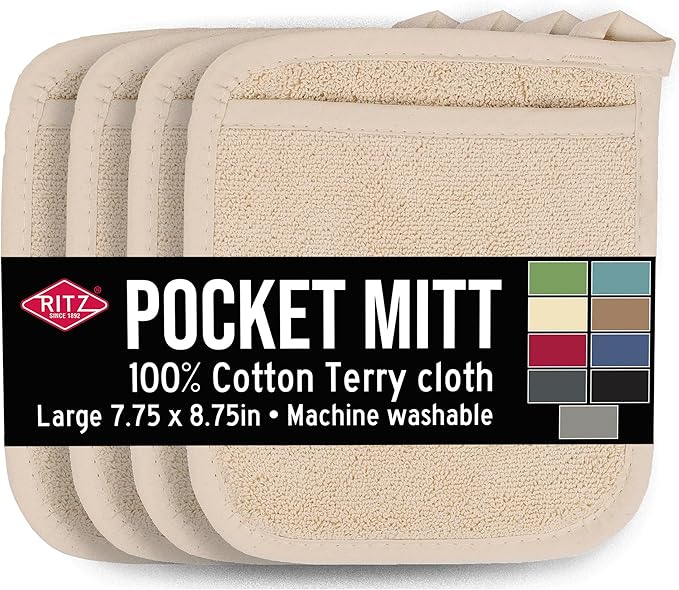 RITZ Terry Pocket Mitt & Hot Pad: Unparalleled Heat Resistant, Durable 100% Cotton – Ergonomically Designed for Optimal Grip – Easy-Care Machine Washable – 4-Pack, Latte