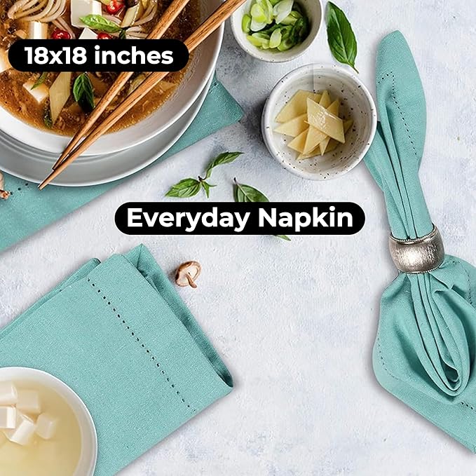 Bedding Craft Cotton Cloth Dinner Napkins Set of 12 – 18x18 Aqua with Hemstitched Mitered Corners – Reusable Machine Washable Napkins for Weddings, Parties & Table Decorations