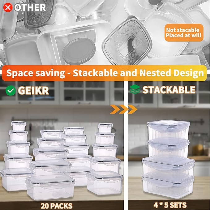 44 PCS Plastic Food Storage Containers with Lids Airtight, BPA-Free Leakproof Meal Prep Containers Reusable,Microwave & Dishwasher & Freezer Safe,Includes Labels & Pen