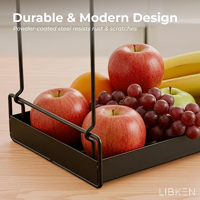 Libken 2-Tier Fruit Basket for Kitchen Counter – Black Powder Coated Metal Fruit Stand – Minimal Scandinavian Design Countertop Organizer for Fruits, Vegetables, Bread, Snacks – Sturdy & Easy Assembly