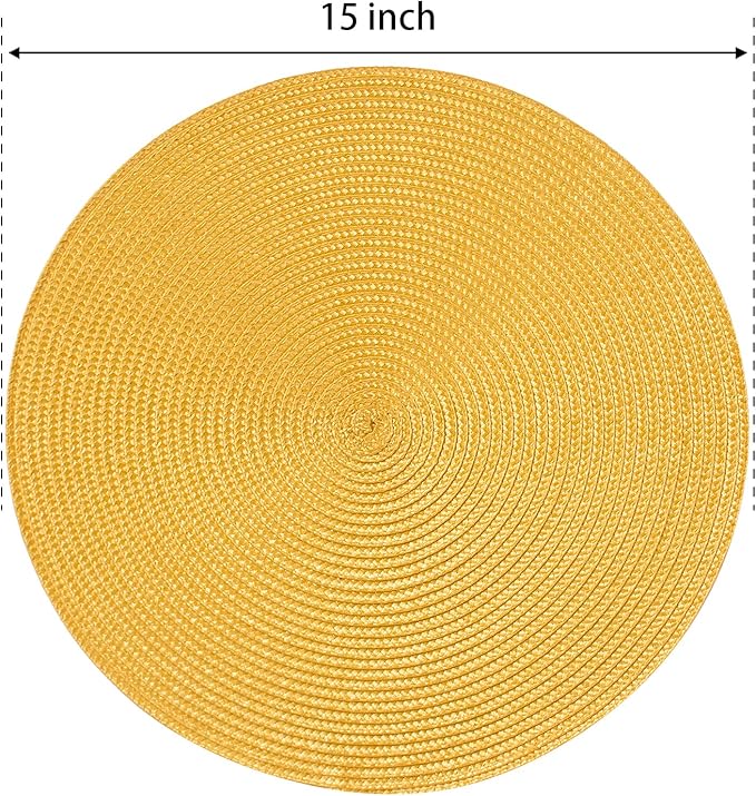 FunWheat Round Braided Placemats Set of 6 Table Mats for Dining Tables Woven Washable Non-Slip Place mats 15inch for Spring(Yellow, 6pcs)