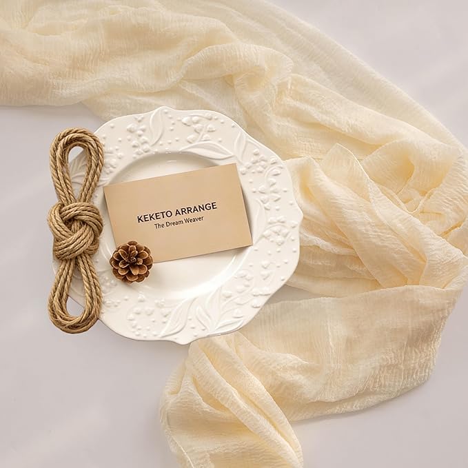 Keketoarrange 6pcs Ivory Gauze Rustic Cheesecloth Table Runner 120 Inch 10 FT for Wedding Baby Shower Bridal Shower Birthday Engagement Garden Outdoor Party Long Sheer Boho Decorations