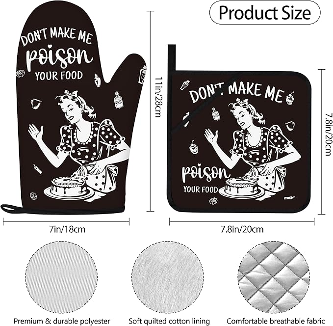 Funny Oven Mitts and Pot Holders Sets Black Kitchen Accessories Cute Kitchen Decor Funny House Warming Gifts Heat Resistant Cooking Baking Gifts for Women (Black, Oven Mitts & Pot Holders)