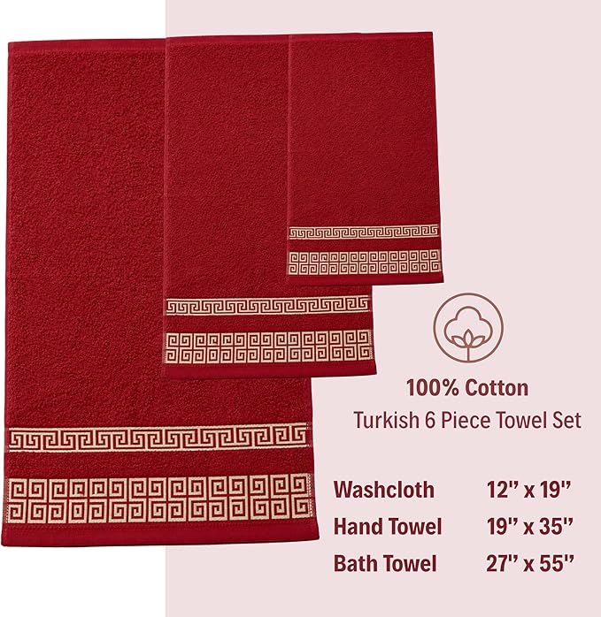 Premium Soft Cotton 6 Piece Towel Set with Greek Key Design – 2 Bath Towels 2 Hand Towels 2 Washcloths, Ultra Absorbent & Quick Dry Turkish Towels for Bathroom, Burgundy Towel Sets G03