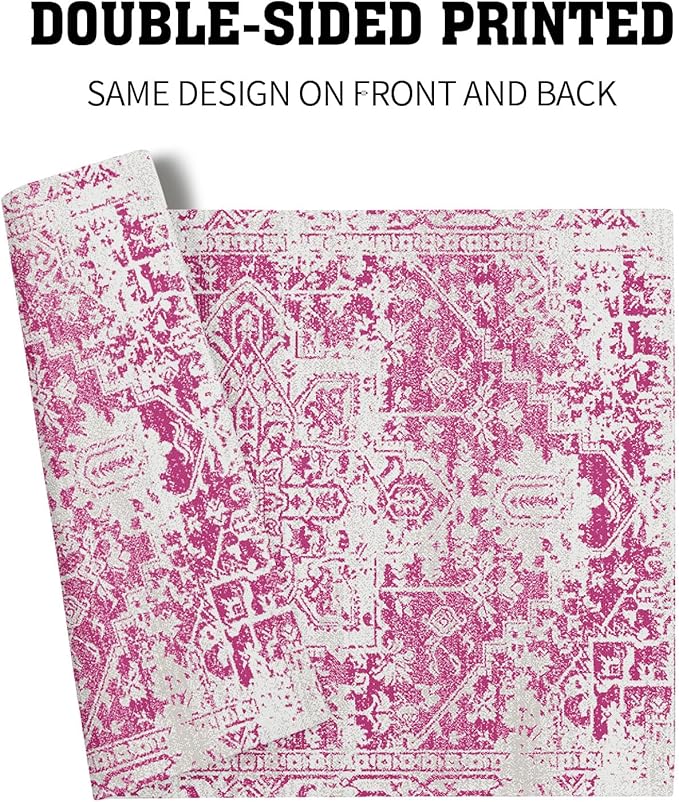 Gray Hot Pink Boho Placemats Set of 4 Ethnic Bohemian Carpet Place Mats Washable Kitchen Dining Vintage Grey Geography Floral Linen Table Mats Stain Heat-Resistant for Home Party Indoor 12x18 in