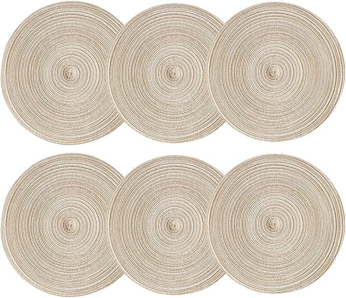 15 Inch Round Placemats Set of 6 Heat-Resistant Stain Resistant Anti-Skid Washable Polyproplene and Cotton Table Mats Placemats (Beige, 6)