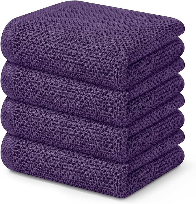 Kitinjoy 100% Cotton Waffle Weave Kitchen Hand Towels (13 X 28 Inches, Eggplant), 4-Pack Super Soft and Absorbent Dish Towel for Drying Dishes
