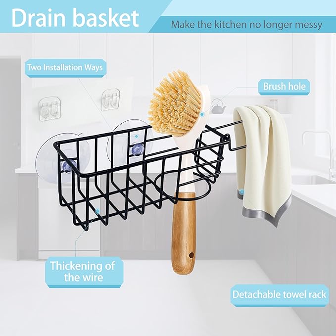 Sponge Holder with Dish Cloth Hanger for Kitchen Sink, In-sink Caddy Organizer with Suction Cups & Adhesive Strips, Rustproof Sponge Rack for Soap, Brush, Scrubber - Black