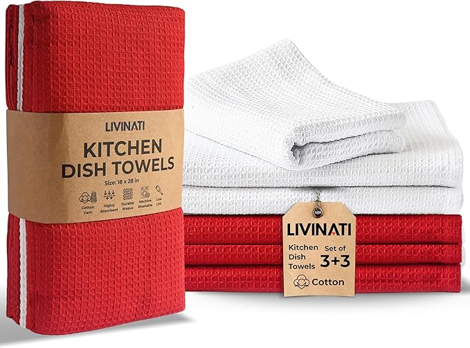 Highly Absorbent Cotton Dish Towels for Drying - Set of 3+3 - Red + White Kitchen Towels - 18"X28" Lint Free Waffle Weave Cloth Linen Hand Bathroom Bulk Dishtowels