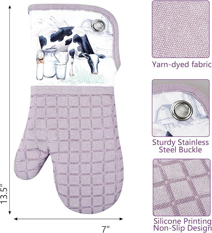Silicone Printing Oven Mitts Heat Resistant to 500 Degree,Yarm-Dyed Oven Gloves with Animal Design Non-Slip for Kitchen Cooking Barbecue Baking and Machine Washable. (Purple Oven Mitts)